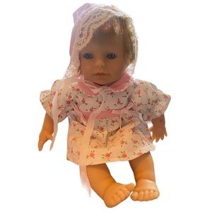 Vintage Berenguer Soft Body 8" Vinyl Doll Blonde Hair Blue Eyes w/ Outfit Bonnet